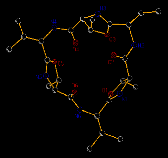 Crystal structure of Ag4[westiellamide]2 complex. The second picture shows the uncomplexed westiellamide cyclopeptide. From the Peter Wipf group.