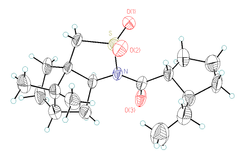 The chirality of this Oppolzer's camphor sultam derivative, produced by Dennis Curran and co-workers, was confirmed via anomalous dispersion.